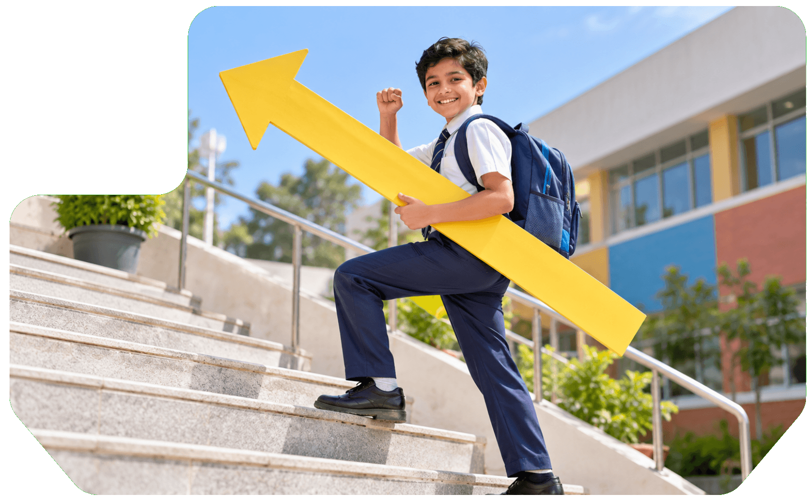 Learner climbing steps with an upward arrow to design the future